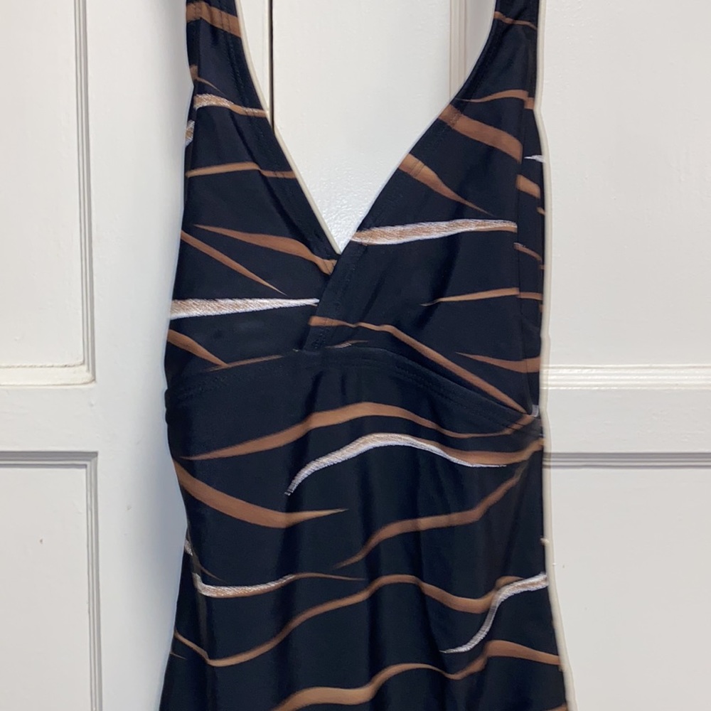 Aerin Rose 32/34D Black Tan White Stripe One Piece Swimsuit - Picture 7 of 11